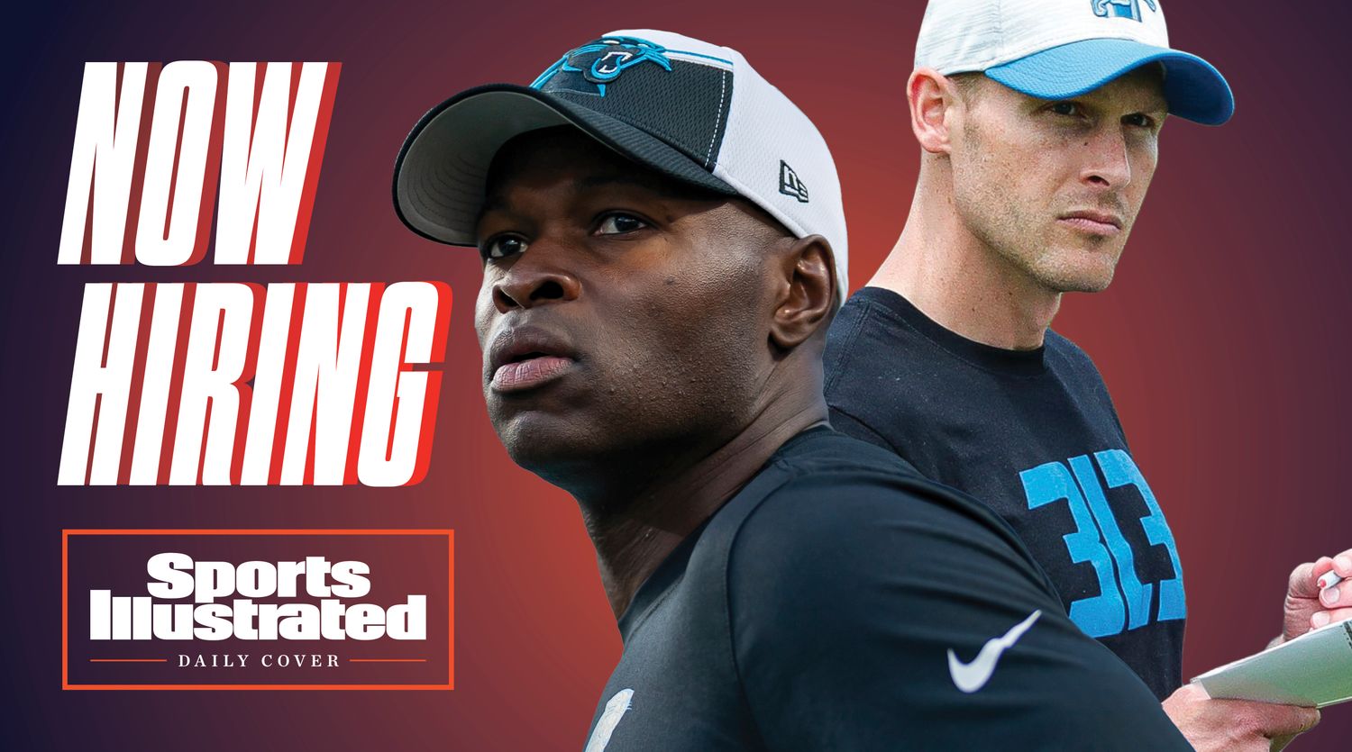 A graphic with pictures of NFL coaches Ben Johnson and Ejiro Evero that says NOW HIRING.